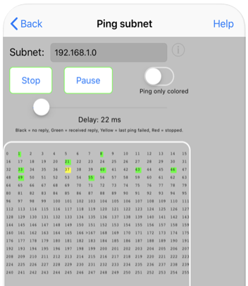 ネットワークスキャンツールiOS版Ping LiteにおけるPing subnetの動作例（App Storeプレビューより）